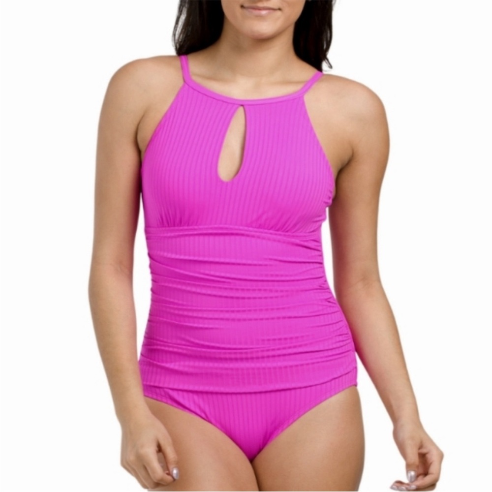Ellen Tracy High Neck Keyhole Ribbed One Piece Swimsuit